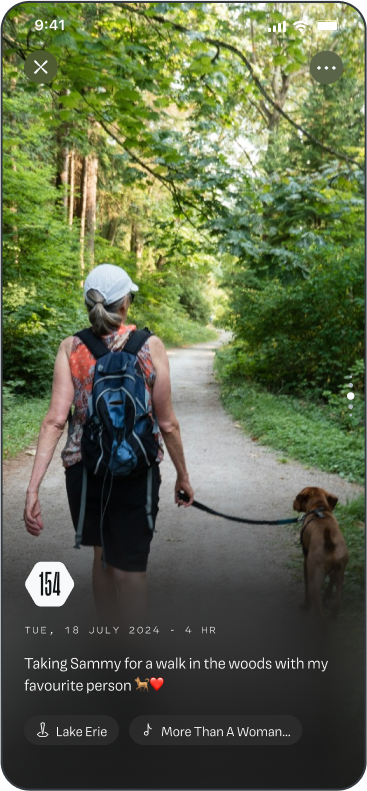 An iPhone screen showing a photo memory in the Matter app, with a Matter Score of 154, and text that describes the memory: Taking Sammy for a walk in the woods with my favorite person.