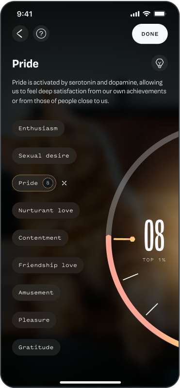 An iPhone screen showing how to rate emotions in the Matter app. It features Pride, described as: Pride is activated by serotonin and dopamine, allowing us to feel deep satisfaction from our own achievements or from those of people close to us.